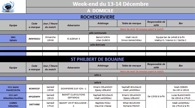 Planning rencontres à domicile 13-14 décembre